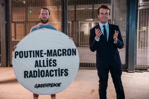 Greenpeace returns stolen Macron wax statue — after one more protest